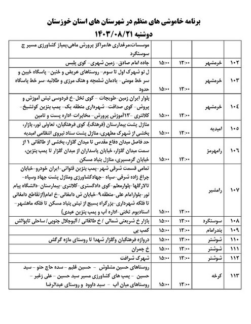 برنامه زمان‌بندی خاموشی‌های برق شهرهای خوزستان در روز دوشنبه