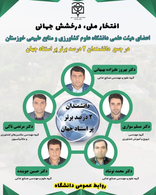 ۵ عضو هیات علمی دانشگاه کشاورزی خوزستان در میان محققان پراستناد