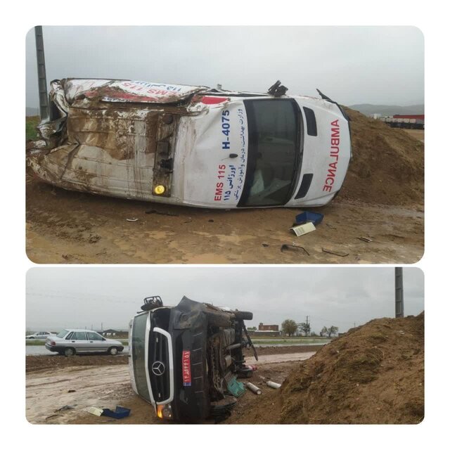 واژگونی آمبولانس پایگاه وینسار قروه در پی لغزندگی جاده واژگونی آمبولانس پایگاه وینسار قروه در پی لغزندگی جاده