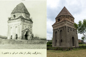 تصویر برج شاطر گنبد در دهه شصت که نشان از وجود اندود گچی بروی آن از گذشته بوده است.