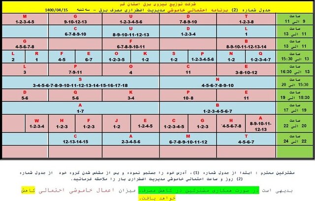 جدول خاموشی‌های احتمالی اضطراری در قم/ ۱۵ تیر ۱۴۰۰