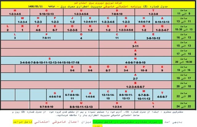 جدول خاموشی اضطراری قم  ۱۱ مردادماه