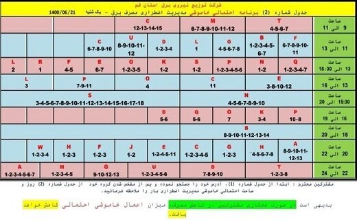 جدول خاموشی احتمالی برق بیست ویکم شهریورماه در قم

