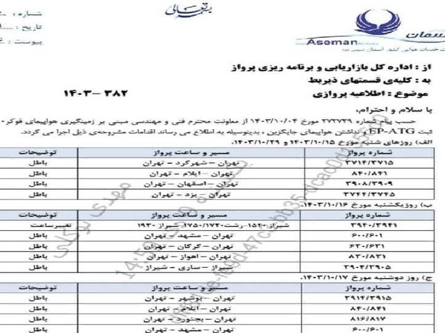 پروازهای شرکت هواپیمایی آسمان از فرودگاه شهرکرد، طی چند روز آینده انجام خواهد شد