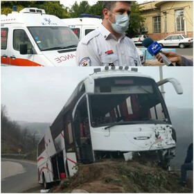 ۱۴ مصدوم در حادثه برخورد اتوبوس گردشگران تبریزی به کوهی در گردنه حیران