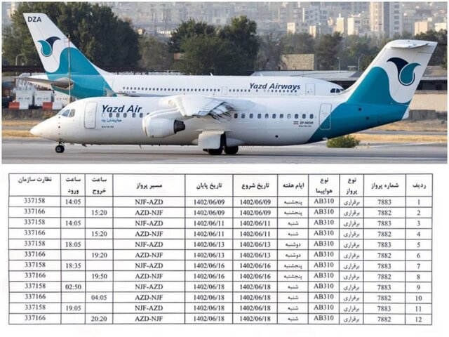 برقراری ۱۲ پرواز در مسیر رفت و برگشت یزد - نجف از امروز